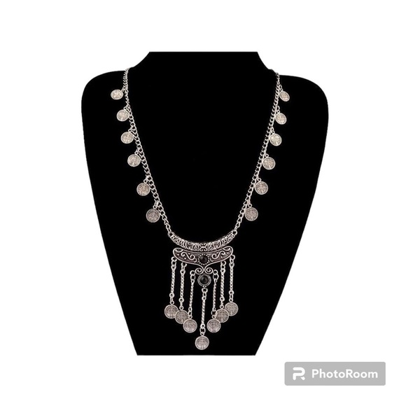 ANTIQUE BOHEMIAN SILVER TASSEL COIN NECKLACE #145 - Picture 3 of 3